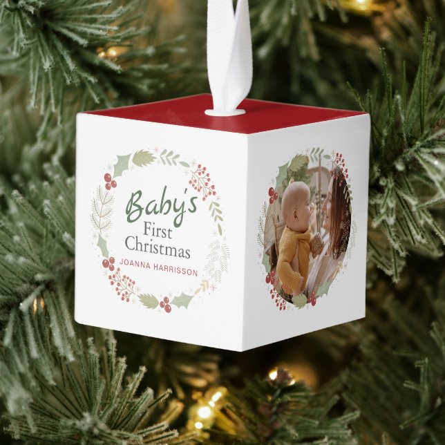 Baby's First Christmas Custom Name Photo  Cube Ornament (Tree)