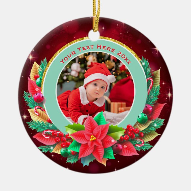 Baby's First Christmas Custom Name Photo Keepsake Ceramic Ornament (Front)