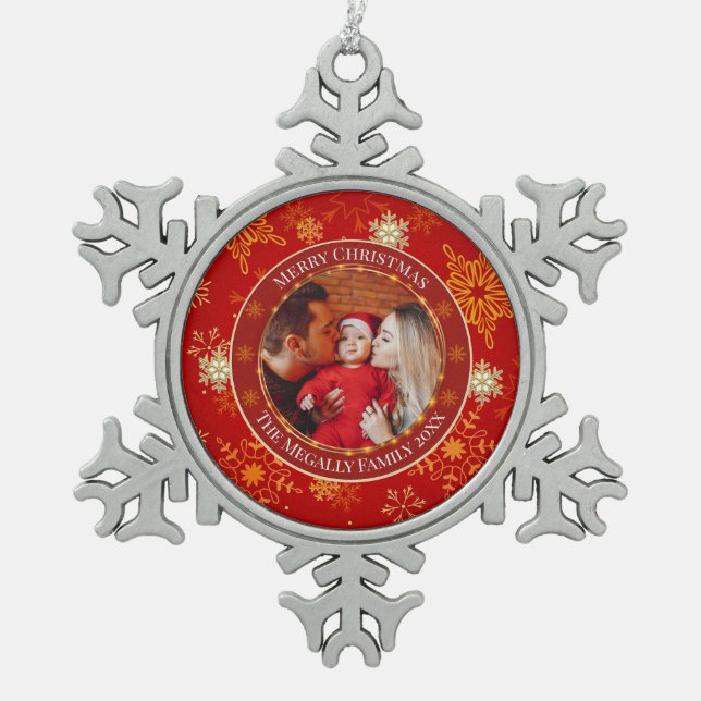 Baby's First Christmas Custom Name Photo Keepsake Snowflake Pewter Christmas Ornament (Front)