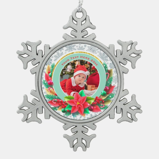 Baby's First Christmas Custom Name Photo Keepsake Snowflake Pewter Christmas Ornament (Front)