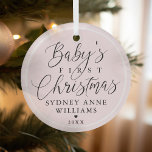 Baby's First Christmas Custom Name Pink Keepsake Glass Ornament<br><div class="desc">Special keepsake ornament to commemorate baby's first Christmas. Design features a simple minimal design with "Baby's First Christmas" displayed in elegant script and serif text pairing. Personalize with the baby's name and the year. A simple white border and background color can easily be changed by clicking on details and editing...</div>