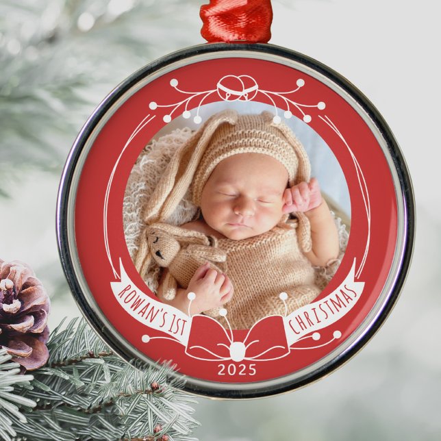 Baby's First Christmas Custom Name Year Photo Metal Ornament (Baby's First Christmas Photo Ornament, Personalized Name Year, Minimalist Line Art Custom Keepsake)