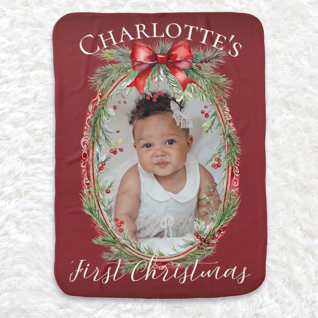 Baby's First Christmas Custom Photo Baby Blanket (A blanket for baby's first Christmas, in deep red with custom photo and name)