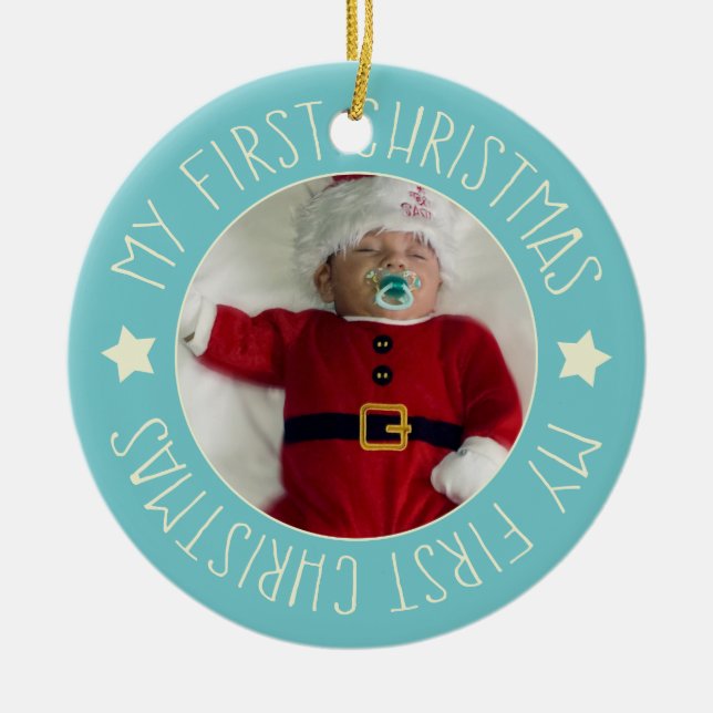 Baby's First Christmas Custom Photo Blue Ceramic Ornament (Front)