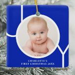 Baby's First Christmas Custom Photo Blue Ceramic Ornament<br><div class="desc">This stylish keepsake Baby's First Christmas Photo Ornament is decorated with the word JOY in white typography on a peacock blue background.
Easily customizable with your photo,  name,  and year.</div>