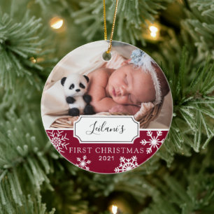 Baby's First Christmas Custom Photo Burgundy Ceramic Ornament