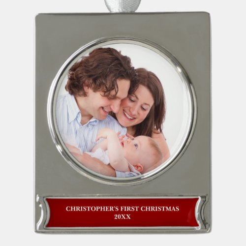 Babys First Christmas Custom Photo Christmas  Silver Plated Banner Ornament