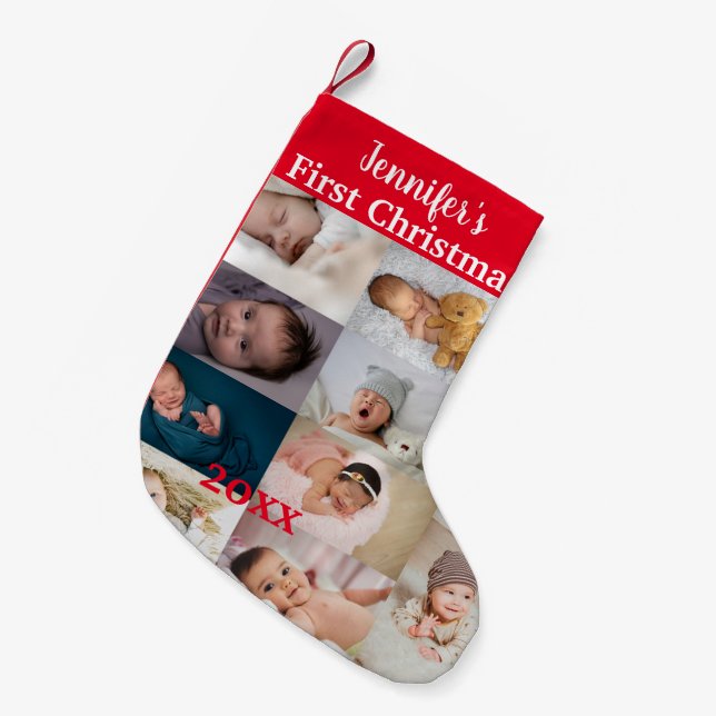 Baby's First Christmas Custom Photo Collage Name  Small Christmas Stocking (Front (Hanging))
