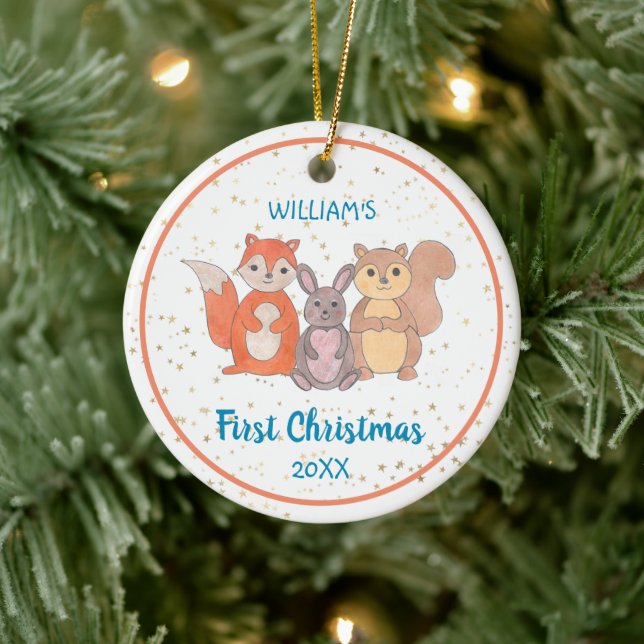 Baby's First Christmas Custom Photo Cute Animals Ceramic Ornament (Tree)