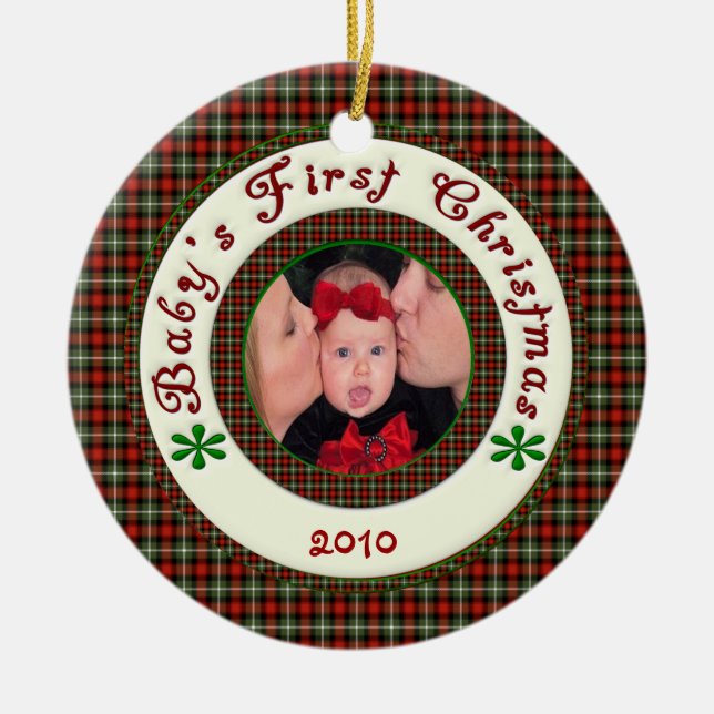 Babys First Christmas Custom Photo Dated Ceramic Ornament (Front)