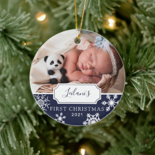 Baby's First Christmas Custom Photo Elegant Navy Ceramic Ornament