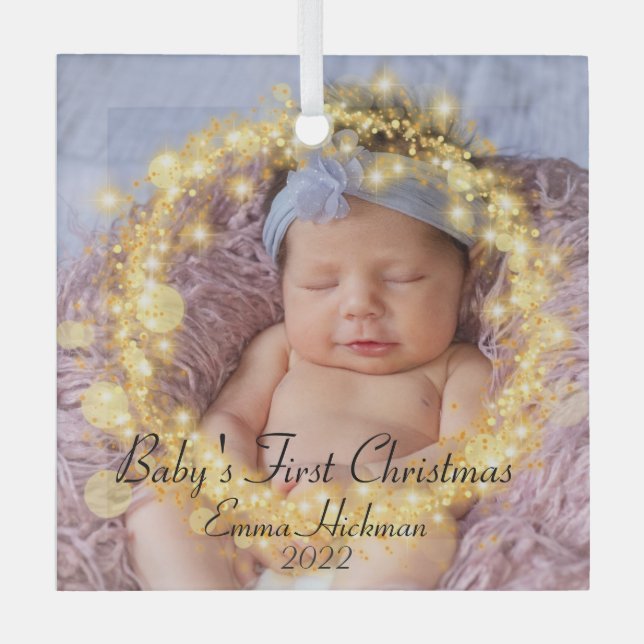 Baby's First Christmas Custom Photo Gold Circle Glass Ornament (Front)