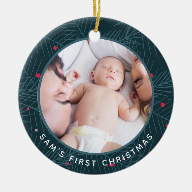 Baby's First Christmas Custom Photo Modern Spruce Ceramic Ornament (Front)