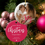 Baby's First Christmas custom photo pink joy heart Ceramic Ornament<br><div class="desc">Upload your favorite photo (preferably square),  insert your text,  name,  and date,  and make these trendy modern pink Christmas tree ornament a keepsake gift to remind you and your little one of your first Christmas together!</div>
