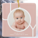 Baby's First Christmas Custom Photo Rose Gold Ceramic Ornament<br><div class="desc">This stylish keepsake Baby's First Christmas Photo Ornament is decorated with the word JOY in white typography on a rose gold background.
Easily customizable with your photo,  name,  and year.</div>
