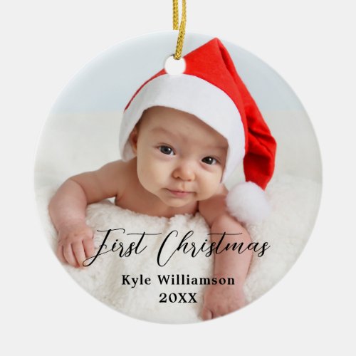 Babys First Christmas Custom Photo Script  Ceramic Ornament