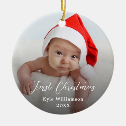 Babys First Christmas Custom Photo Script   Ceramic Ornament