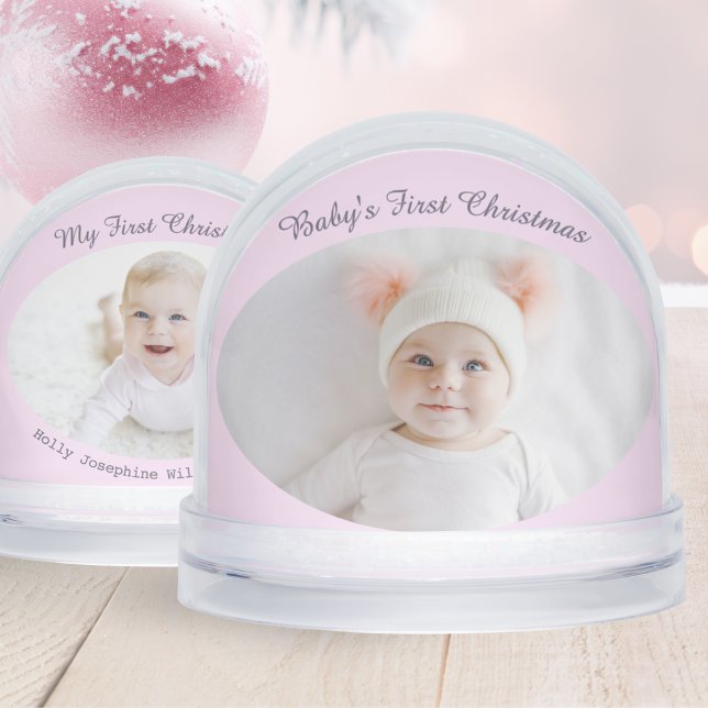 Baby's First Christmas Custom Photos Pretty Pink Snow Globe (A cute snowglobe for baby's first Christmas, with custom photo on both sides)