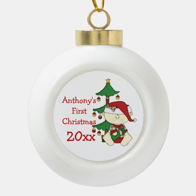 Baby's First Christmas-Customize Name/Year Ceramic Ball Christmas Ornament (Front)