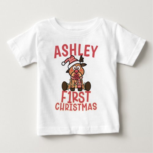 Babys First Christmas Cute Baby Reindeer  Baby T_Shirt