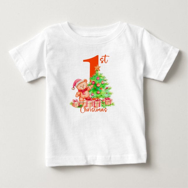Baby's First Christmas, Cute Bear and Tree Design Baby T-Shirt (Front)