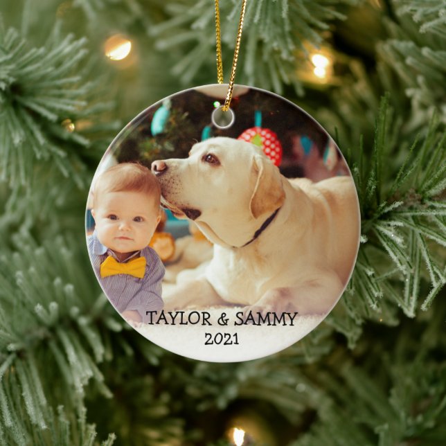 Baby's First Christmas Cute Custom Photo Name Year Ceramic Ornament (Tree)