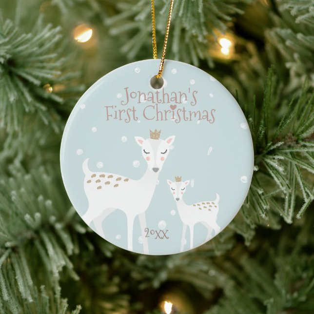 Baby's First Christmas - Cute Deer - Blue Ceramic Ornament (Tree)