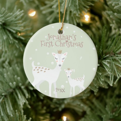 Babys First Christmas _ Cute Deer _ Green Ceramic Ornament