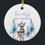 Baby's first Christmas cute deer photo Ceramic Ornament<br><div class="desc">Baby's first Christmas cute deer photo,   watercolor cute baby deer wearing winter hat and scarf by snowy pines with a photo on the other side Christmas ornament,  baby Christmas gifts</div>