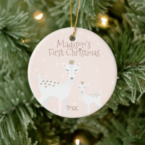 Babys First Christmas _ Cute Deer _ Pink Ceramic Ornament