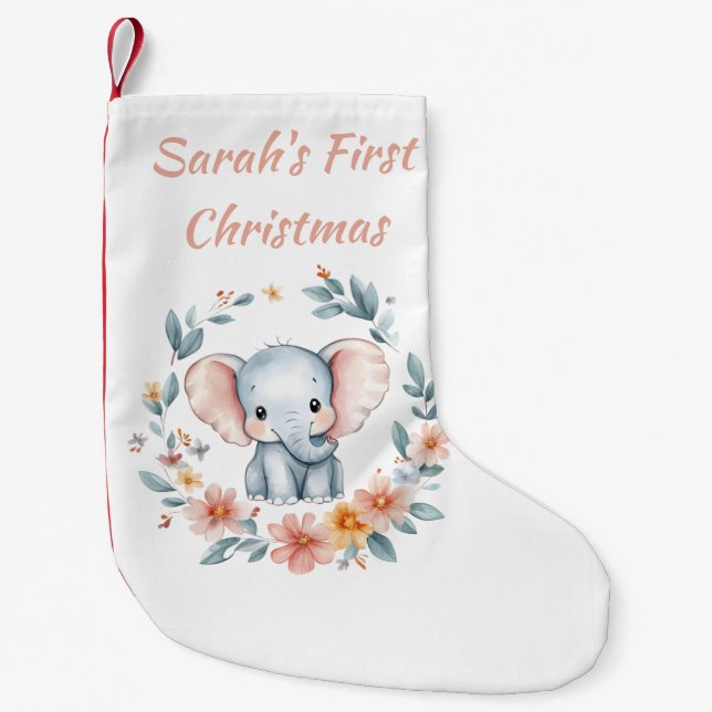 Baby's First Christmas Cute Elemphant Floral  Small Christmas Stocking (Front)