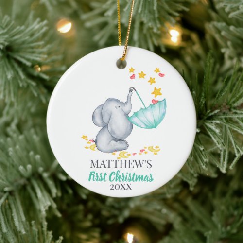 Babys First Christmas Cute Elephant and Stars Ceramic Ornament