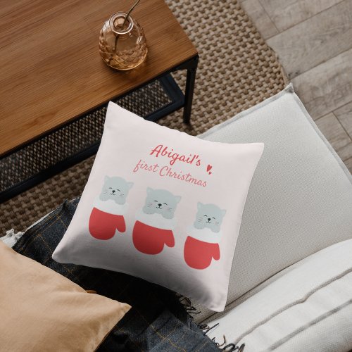 Babys First Christmas _ Cute Kittens in Mittens Throw Pillow