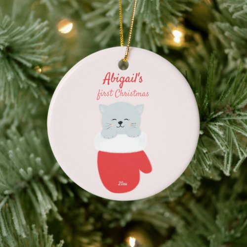 Babys First Christmas _ Cute Kitty in a Mitten Ceramic Ornament