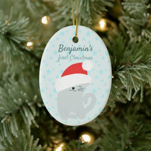 Babys First Christmas Cute Kitty with a Santa Hat Ceramic Ornament