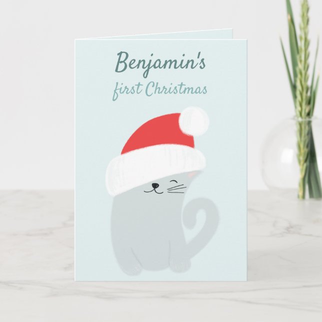 Baby's First Christmas Cute Kitty with a Santa Hat Holiday Card (Front)