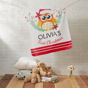 Baby's First Christmas Cute Owl Santa Hat Baby Bla Baby Blanket