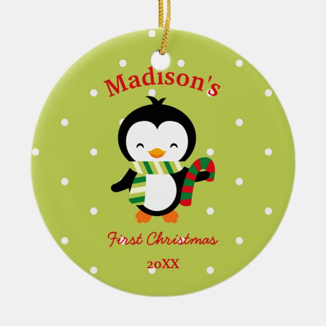 Baby's First Christmas Cute Penguin and Polka Dots Ceramic Ornament (Front)