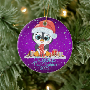 Baby's First Christmas cute penguin Christmas hat Ceramic Ornament