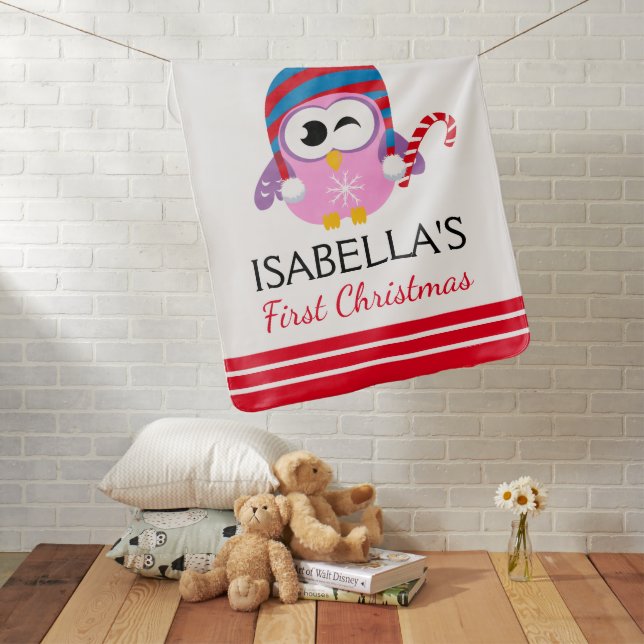Baby's First Christmas Cute Pink Owl Candy Cane Baby Blanket (In Situ)