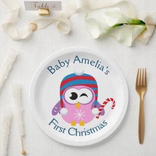 Baby's First Christmas Cute Pink Owl Paper Plates