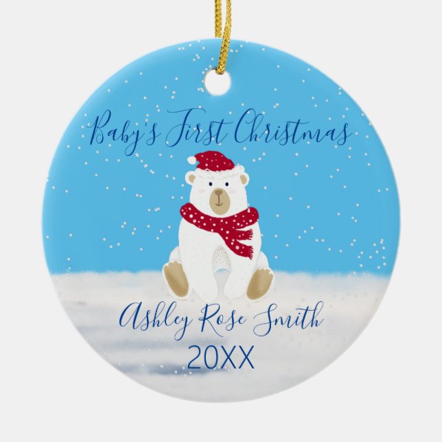 Baby's first Christmas cute polar bear winter Ceramic Ornament (Front)