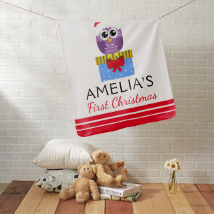 Baby's First Christmas Cute Purple Santa Owl Baby Blanket