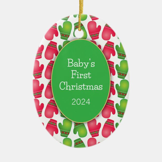 Baby's First Christmas, Cute Red & Green Mittens Ceramic Ornament (Front)