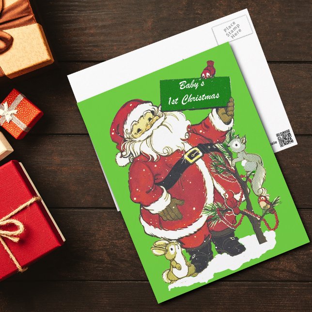 Baby's First Christmas Cute Santa Holiday Postcard (Santa Claus decorated tree cute forest animals on green Baby's First Christmas post card.)