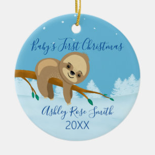 Baby's first Christmas cute sloth winter Ceramic Ornament