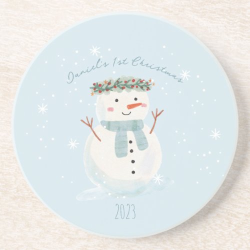 Babys First Christmas Cute Snowman and Snowflake Coaster