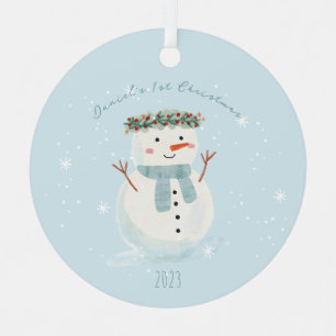 Baby's First Christmas Cute Snowman and Snowflake Metal Ornament