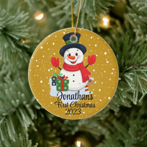 Babys First Christmas cute snowman black hat  Ceramic Ornament