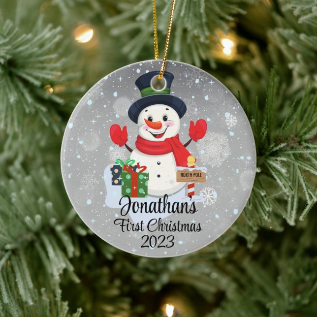 Baby's First Christmas cute snowman black hat  Ceramic Ornament (Tree)